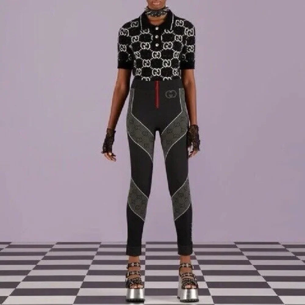 NWT GUCCI GG Jersey Jacquard Leggings Grey Black GG Size L - Picture 2 of 6